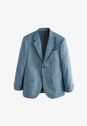 Light blue blazer with a textured finish, single button closure, notch lapels, and two front pockets. Lined interior with subtle pattern.