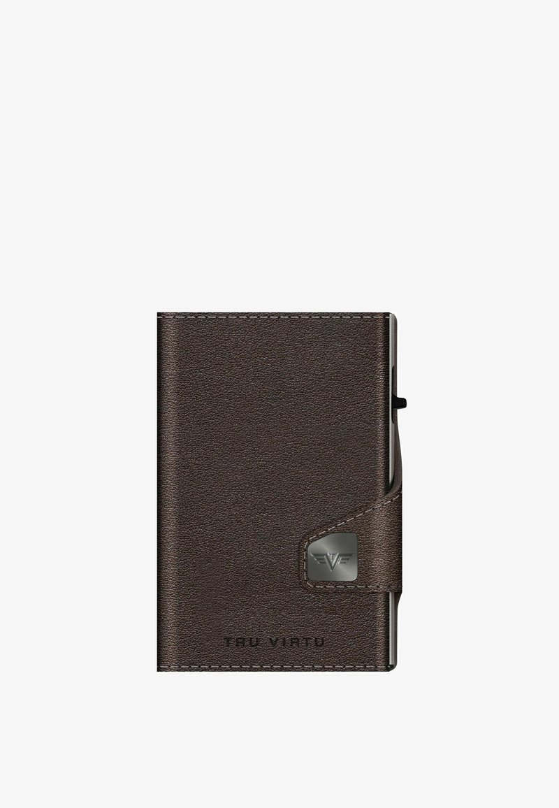 Brown leather wallet with a textured finish, silver metal accent, and logo. Features a sleek, rectangular shape with a secure closure.