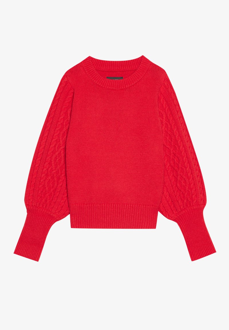 Czerwona dzianinowa sweter z okrągłym dekoltem, balonowymi rękawami z wzorem w warkocze oraz ściągaczami na rękawach i brzegu.