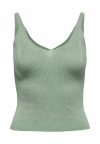 Débardeur en tricot côtelé de couleur vert doux. Présente un décolleté en V profond, des bretelles fines et une silhouette ajustée avec une finition texturée.