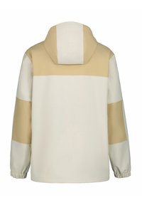 Letvægtsjakke med et beige og cremefarvet farveblokdesign, som har en hætte, elastiske manchetter og en glat tekstur. Ingen synlig hardware.
