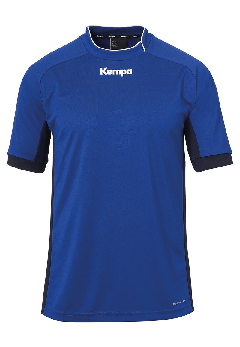Blauw sportshirt met korte mouwen, gemaakt van glad, ademend materiaal. Zwarte accenten bij de mouwen, met het "Kempa" logo in het wit.