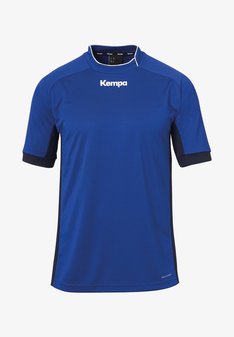 Blauw sportshirt met korte mouwen, gemaakt van glad, ademend materiaal. Zwarte accenten bij de mouwen, met het "Kempa" logo in het wit.