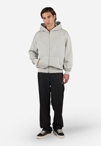 Sudadera con cremallera de color gris claro, con un bolsillo frontal y puños acanalados, combinada con pantalones negros. La sudadera tiene un diseño minimalista y una textura suave.