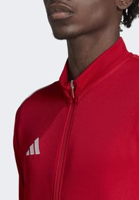 Rote Zip-Jacke mit hohem Kragen, aus glattem Stoff gefertigt. Mit einem silbernen Logo auf der linken Brust und kontrastierenden Seitenstreifen.