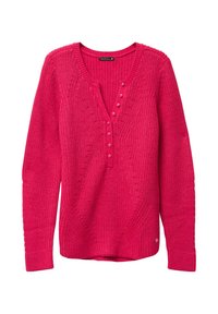 Rosa gestrickter Pullover mit V-Ausschnitt, dekorativen Knöpfen und strukturiertem Muster. Besitzt gerippte Bündchen und einen leicht verlängerten Saum hinten.