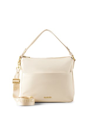 Krémeově zbarvená kožená kabelka přes rameno s přední kapsou, zlatě tónované kovové doplňky, nastaviteľný popruh s logem značky a logo BOGNER na přední straně.