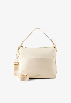 Borsa a spalla in pelle color crema con tasca frontale, ferrature dorate, tracolla regolabile con marchio e logo BOGNER sulla parte frontale.