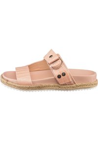 Roze synthetische slide-sandalen met een gestructureerde band, een gespdetail en een geweven jute tussenzool. Platte zool met een gestructureerde grip.