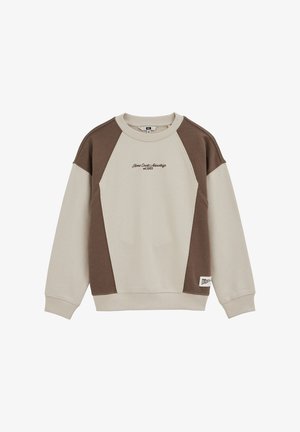 Majica z dolgimi rokavi iz mešanice bombaža in poliestra, s svetlo rjavim telesom in rjavimi raglanskimi rokavi, rebrastim ovratnikom in izvezenim logotipom na prsih.