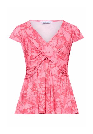 Blusa rosa a maniche corte con scollo a V, motivo farfalla e dettaglio annodato sul davanti, che crea una silhouette fluida e aderente.