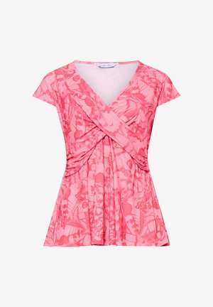 Roze blouse met korte mouwen, V-hals, vlinderpatroon en gedraaide voorzijde, die zorgt voor een vloeiende en aansluitende silhouet.