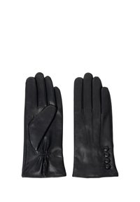 Guantes de cuero negro con una textura suave, que presentan una muñeca fruncida, cinco dedos y tres botones decorativos en el puño.