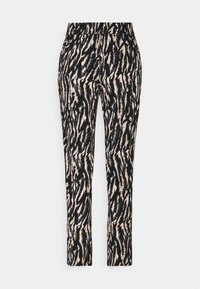 Pantalon noir et beige à motifs, coupe ajustée, avec un délicat motif en zigzag et une ceinture élastique pour le confort.