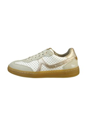 Sneaker bianche e dorate con tomaia perforata, design con lacci e suola in gomma beige. Presenta un marchio impresso di lato e sul retro.