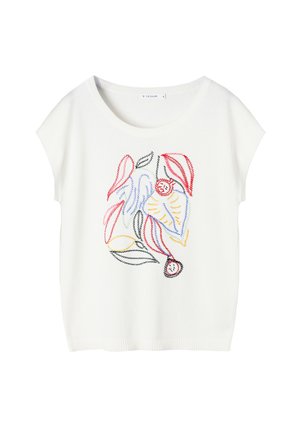 Top bianco senza maniche in maglia con scollo rotondo e ricamo astratto colorato di foglie e bacche in filo rosso, blu, giallo e nero.