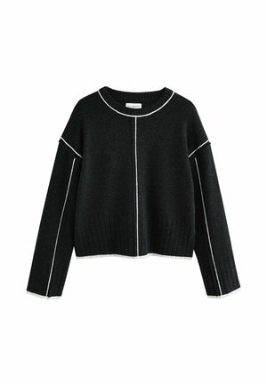 Pulover negru tricotat cu mâneci largi, accente albe de-a lungul cusăturilor și gulerului, tiv ribat și design scurt.