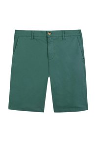 Shorts en coton vert avec fermeture à bouton, poches latérales et texture lisse et mate. Design classique avec des lignes épurées et sans motifs visibles.