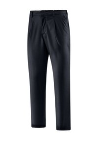 Pantaloni blu scuro con una texture liscia, caratterizzati da pieghe sul davanti e una comoda vita elastica. Vestibilità sartoriale. Nessuna tasca visibile.