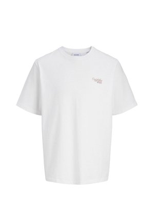 Tricou alb din bumbac, cu mâneci scurte și croială lejeră, având un mic logo brodat pe pieptul stâng și guler rotund.