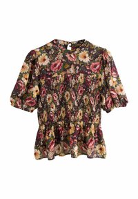 Blus med blommönster och korta puffärmar, smockad midja och volangkant. Dominerande färger är vinröd, gul och grön.