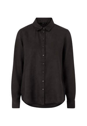 Černá lněná košile s dlouhým rukávem, zapínáním na knoflíky, špičatým límcem, zakřiveným lemem a volným střihem, s jemnou texturou po celém povrchu.