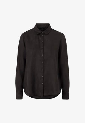 Schwarz leinene Langarmhemd mit durchgehender Knopfleiste, spitzem Kragen, abgerundetem Saum und entspannter Passform, mit subtiler Textur im gesamten Stoff.