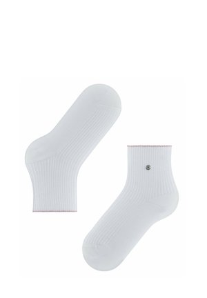 Coppia di calzini bianchi alla caviglia con texture a coste, con un piccolo logo rotondo sul lato e bordo rosa al polsino.