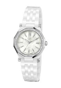 Reloj octagonal blanco con una correa de plástico texturizada, acentos plateados y una esfera de nácar rodeada por un bisel de cristal.