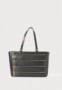 Black synthetic tote bag with gold hardware, featuring horizontal zipper accents and embossed "LOVE MOSCHINO" logo on the front.