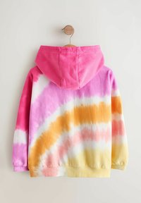 Felpa con cappuccio con motivo tie-dye in tonalità di rosa, giallo e arancione, caratterizzata da una texture morbida e polsini e orlo a coste.