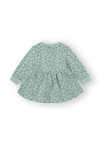 Vestido de manga larga en verde claro con estampado de leopardo. Confeccionado en tela suave, cuenta con una falda acampanada y puños acanalados.