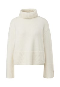 Pull en maille couleur crème à col roulé avec poignets, ourlet et col côtelés, présenté sur un fond blanc.
