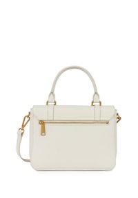 Borsa a mano in pelle bianca con design strutturato, manico superiore, tracolla rimovibile e accessoriature dorata. Presenta una tasca anteriore con zip.
