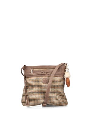 Braun-beige karierte Umhängetasche mit Lederbesatz, vorderer Reißverschlusstasche, verstellbarem Riemen und kleinem Handschuh-Schlüsselanhänger.