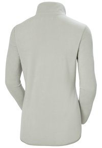 Jasnoszara polarowa bluza z kołnierzem stójkowym, długimi rękawami i gładką fakturą. Tył ma minimalne detale szwów.