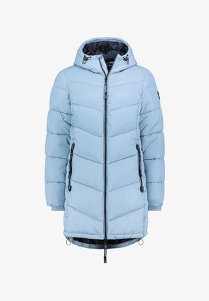 Hellblau gesteppte Jacke mit Kapuze, ausgestattet mit einem Reißverschluss vorne, Reißverschlusstaschen und einem Zickzackmuster auf dem Körper zur Isolierung.