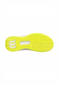 Schuhsohle mit einem gewellten Profilmuster, hauptsächlich in Gelb, mit einem weißen Logo. Das Material scheint Gummi mit strukturierten Details zu sein.