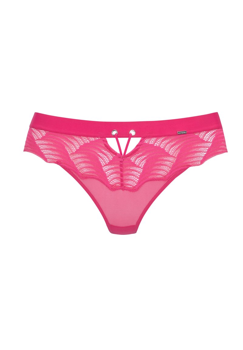 Roze kanten vrouwenbikini slipjes met geschulpte randen en een klein sleutelgatdetail aan de voorkant van de taille.