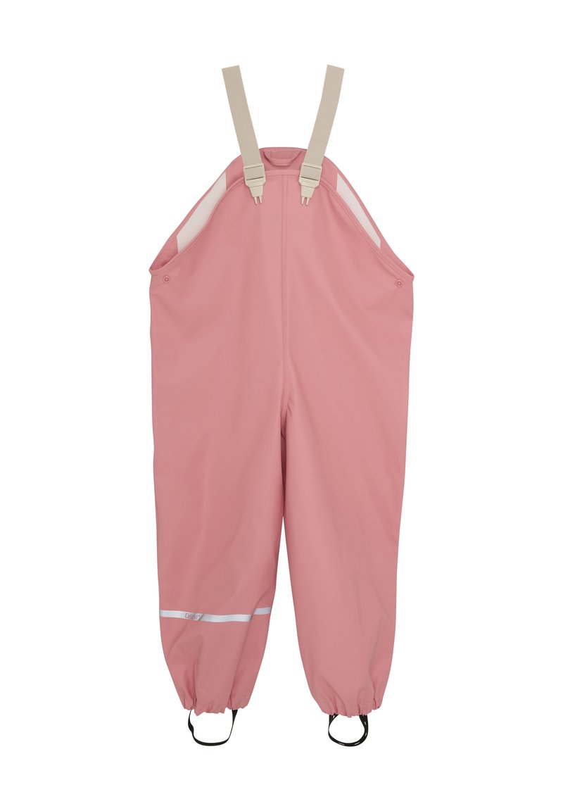 Roze waterdichte overall met verstelbare beige schouderbanden, elastische manchetten en reflecterende accenten op de onderbenen. Gladde textuur.