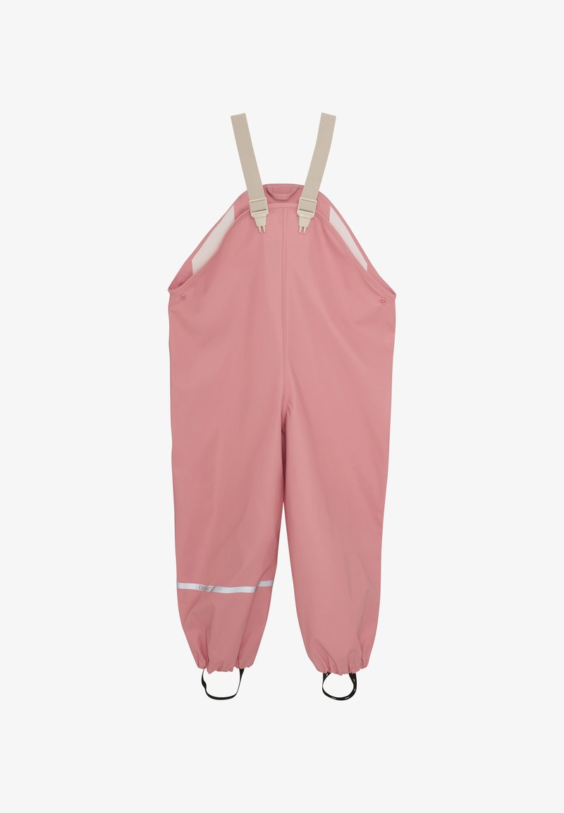 Rosa wasserdichte Latzhose mit verstellbaren beigen Schulterträgern, elastischen Bündchen und reflektierenden Akzenten an den Unterschenkeln. Glatte Textur.