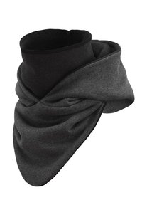 Gray fabric neck warmer with a soft, textured finish. Features a curved design with a snug-fit top edge and draped lower section.