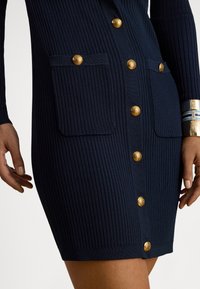 Tumši zils ribota tekstūra kleita ar garām piedurknēm, dekorēta ar zelta pogām un divām plasītēm kabatām. Audums ir adīts, veidojot pieguļošu siluetu.