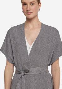 Silver omvikningsklänning i texturerad tyg, med djup V-ringning, korta ärmar och ett knytband i midjan.