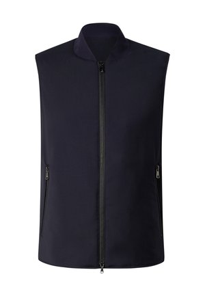 Czarna kamizelka bez rękawów z zamkiem błyskawicznym z przodu i dwoma zamykanymi na zamek bocznymi kieszeniami, z krótkim, stojącym kołnierzem.