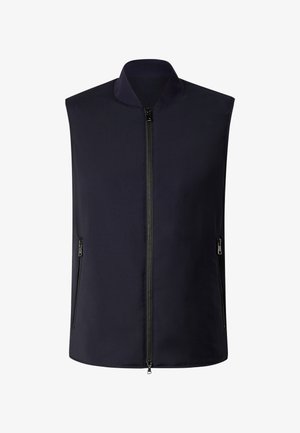 Czarna kamizelka bez rękawów z zamkiem błyskawicznym z przodu i dwoma zamykanymi na zamek bocznymi kieszeniami, z krótkim, stojącym kołnierzem.