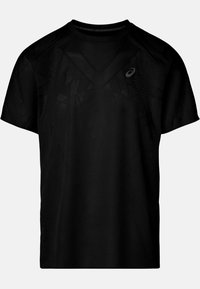 Schwarzes Sport-T-Shirt aus strukturiertem Stoff mit geometrischem Muster, kurzen Ärmeln und rundem Halsausschnitt. Logo auf der Brust.