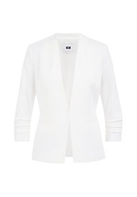 Valkoinen bleiseri, valmistettu sileästä kankaasta, V-kaula-aukolla, kolmanneksen pituisilla hihoilla ja kahdella etutaskulla. Selkeä muotoilu ilman kiinnityksiä.