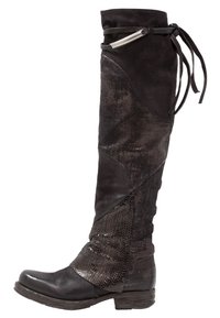 Knee-high black leather boot with textured panels and metallic accents, featuring a rounded toe and a wraparound tie at the top.