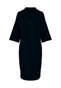Schwarzes Kleid mit Kragen und ärmellangen Ärmel. Hat einen geraden Schnitt, glatte Textur und einen knielangen Saum.